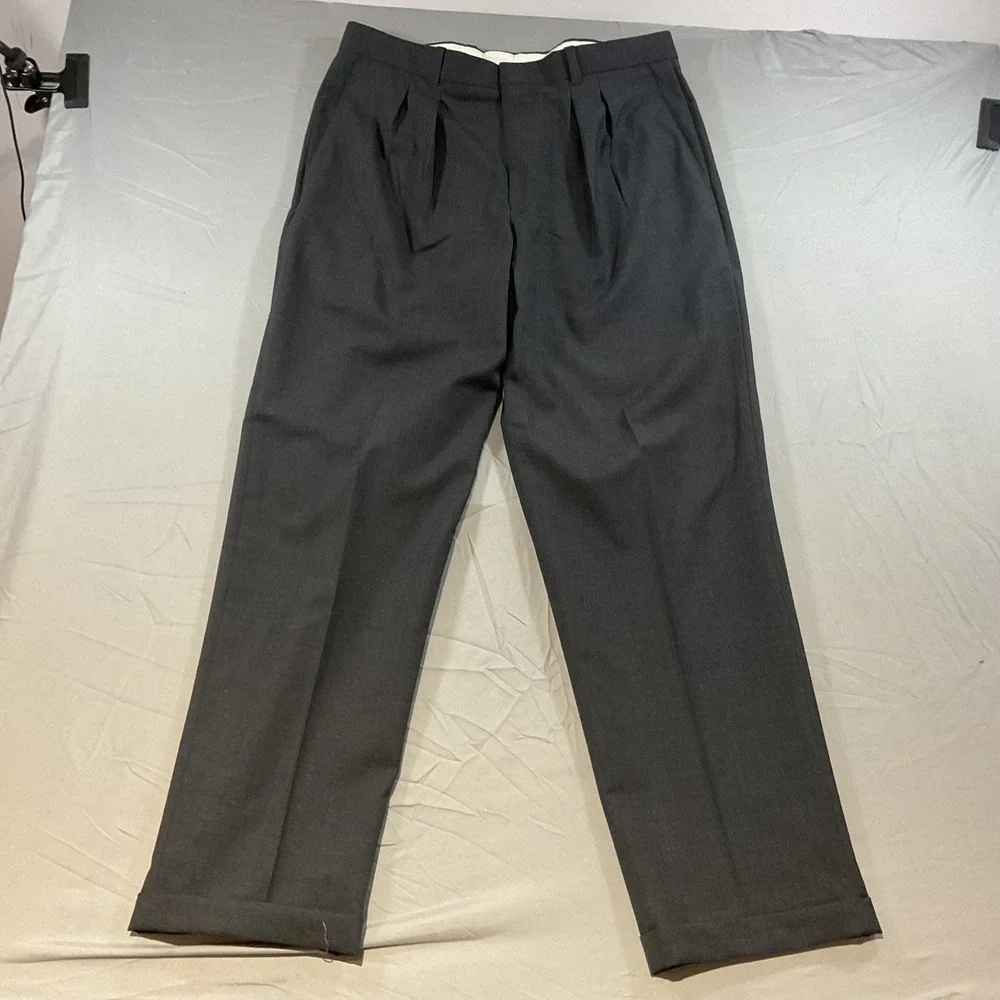 LL Bean Wool Dress Pants 35 Gray Pleated Classic Fit Cuffed Business Career Slac